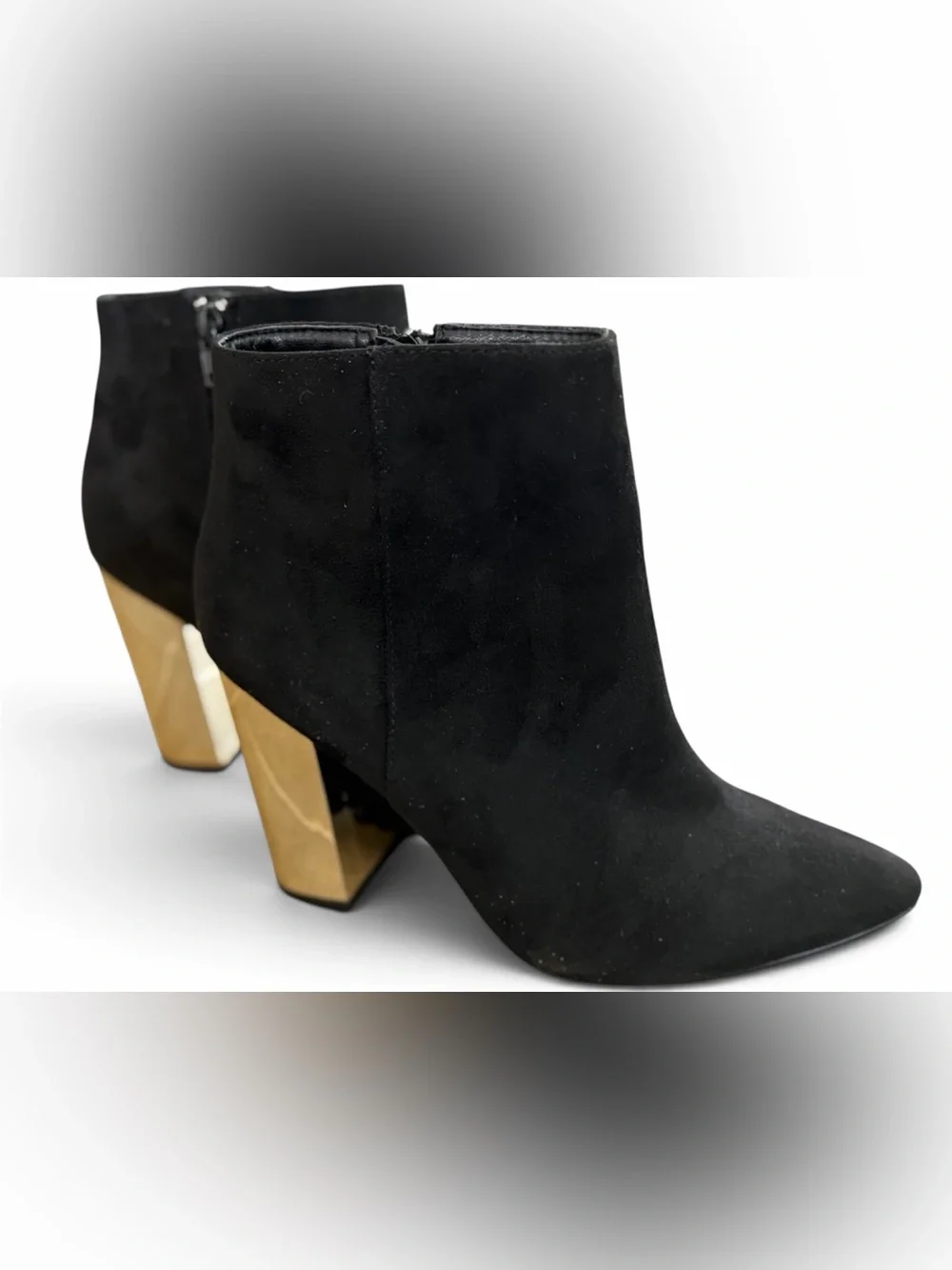 Boutique Ankle Booties Gold Mirror Block Heel Faux Suede Women’s Size 9